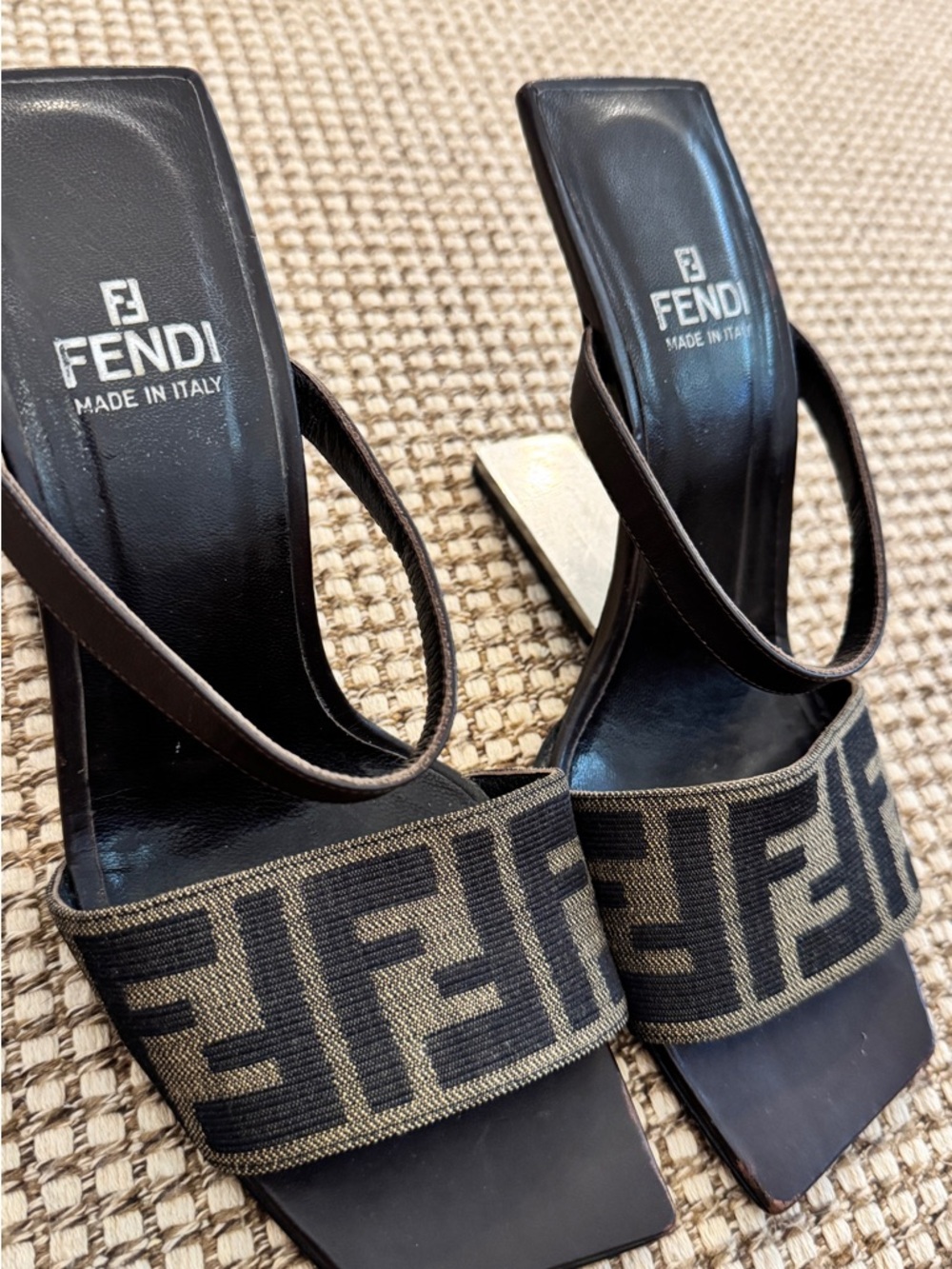 Fendi Brown and Black FF Logo Square-Toe Heels - Picture 6 of 8